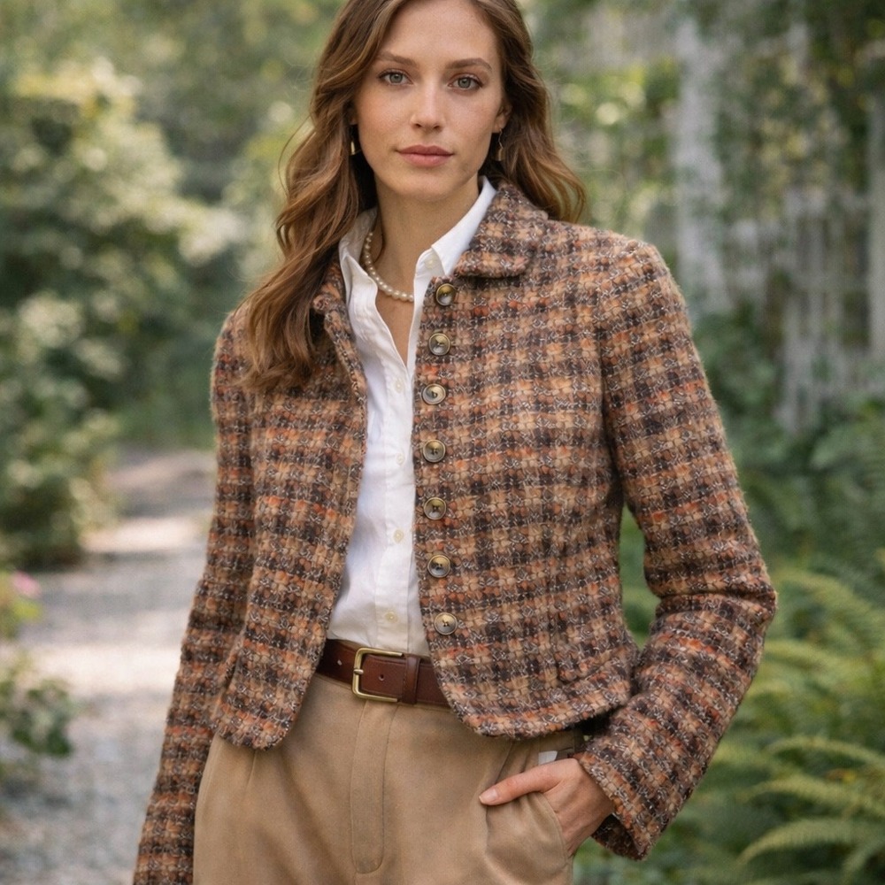 Ann Taylor LOFT Brown Orange‎ Plaid Boucle Tweed Cropped Jacket Blazer Size 10